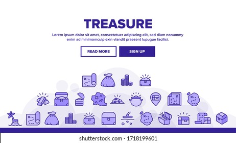 Treasure Pirate Gold Landing Web Page Header Banner Template Vector. Treasure Chest And Bag With Golden Coins, Map With Location And Island, Illustrations