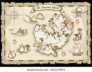 Treasure pirate hand drawn vector map. 