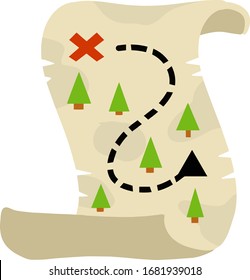 Treasure pirate map. Route with a red cross of the goal. The path and the road. Old paper sheet. Cartoon flat illustration