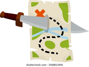 Treasure pirate map and sabre. Route with a red cross of the goal. The path and road with sword. Old Pierced paper sheet. Cartoon flat illustration