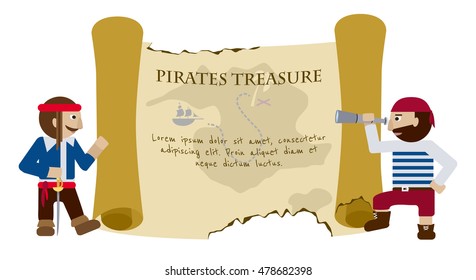 Treasure pirate map scroll flat vector background and two pirates