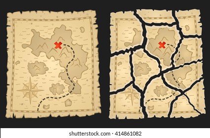 Treasure pirates map on aged parchment. Vector illustration. Whole and torn variants for game quests.