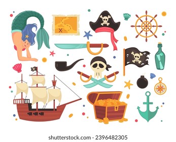 Treasure of pirates, mermaids. Sailing pirate, marine set with ocean elements, ship and chest, bottle and sword, child sea young characters. Vector cartoon flat isolated illustration underwater set