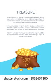 Treasure poster with old sack full of golden coins, symbol of richness and wealth, ancient bag with gold money vector illustration banner with text