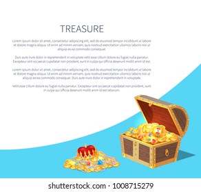 Treasure poster and text sample and lettering, box with golden coins and royal crown, cup decorated with precious stones, pearls vector illustration