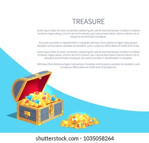 Treasure poster with wooden chest full of ancient gold treasures. Bright gems, precious jewelry and shiny coins. Old royal treasure in container vector