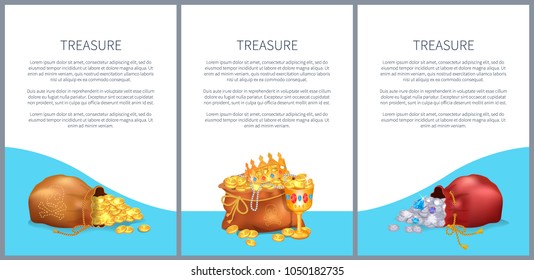 Treasure posters set with bags full of briliants and gold, treasures like crown and goblet, vector illustration posters set with place for text