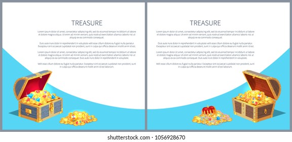 Treasure posters set precious treasures in heavy chest. Medieval money hidden in containers vector. Shiny gold ancient coins in old open wooden chests.