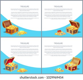 Treasure posters set shiny gold ancient coins in old open wooden chests. Precious treasures in heavy chest. Medieval money hidden in containers vector