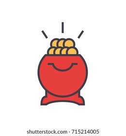 Treasure, pot of gold flat line illustration, concept vector isolated icon 