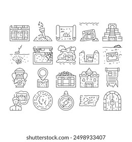 Treasure Precious And Antique Icons Set Vector. Treasure Chest And Manuscript, Compass Equipment And Map With Location For Finding, Gold Pile And Vintage Coin Searching Black Contour Illustrations