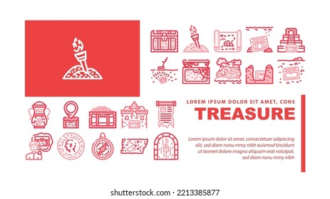 Treasure Precious And Antique landing web page header vector. Treasure Chest And Manuscript, Compass Equipment And Map With Location For Finding, Gold Pile Vintage Coin Searching Color Illustrations