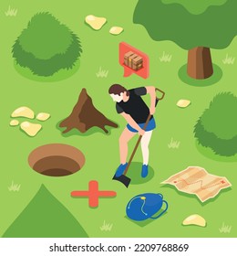 Treasure Quest Isometric Background With Outdoor Composition Of Guy Digging Holes In Ground Searching For Jewels Vector Illustration