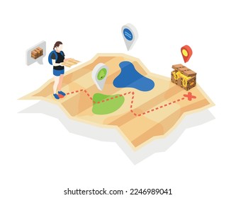 Treasure quest isometric composition with folding paper map location signs and human character with thought bubble vector illustration