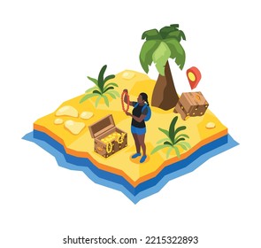 Treasure quest isometric composition with tropical grounds view with sand palms and girl opened treasure chest vector illustration