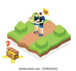 Treasure quest isometric composition with view of outdoor lane path and explorers couple with treasure chest vector illustration