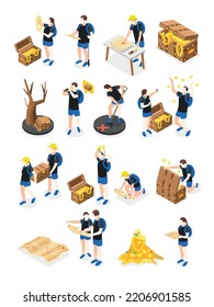 Treasure quest set with isometric icons and isolated images of jewels and treasure with human characters vector illustration