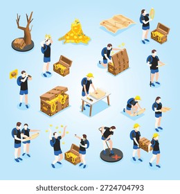 Juego de búsqueda del tesoro con iconos isométricos y Imágenes aisladas de joyas y tesoros con personajes humanos Ilustración vectorial