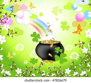 treasure and rainbow in a blooming garden