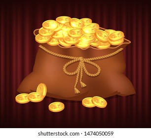 Treasure in sack vector, bag filled with money. Royal gold coins with signs, container with thread to tie up. Success in savings, profit and benefit. Red curtain theater background