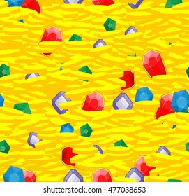 Treasure seamless pattern. Gold and precious stones ornament. Sapphires and diamonds. Coins and emeralds. Untold riches texture