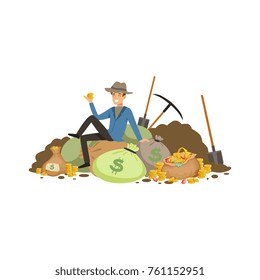 Treasure seeker sit on pile of tearsure