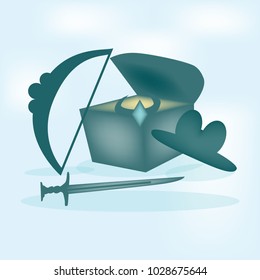 A treasure set with bow, hat, sword and chest with treasures at the light blue background