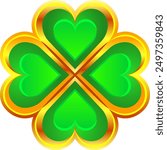 Treasure in the shape of a clover. Golden frame with green gems. Vector art. Clip art. Prop.