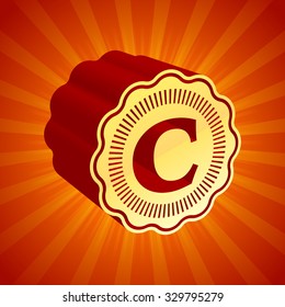 treasure shining original 3d vector single letter as stamp template on shining shiny radial radiance scene texture abstraction scene red orange rich unusual mark marketing golden offset capital banner