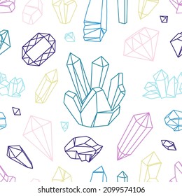 Treasure stones pattern. Seamless print with diamond and crystals gemstones. Faceted gems. Natural minerals. Precious ruby and amethyst. Line rhinestone. Luxury jewels. Vector texture