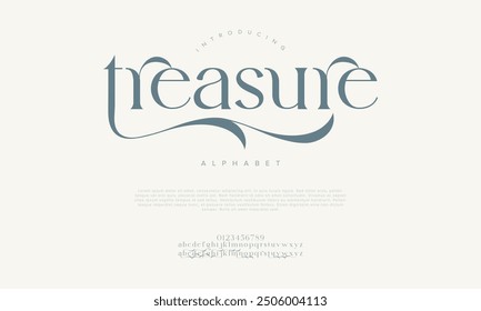 Tesoro swash letras elegantes de lujo del alfabeto y números. Antiguas tipografía de boda clásica serif fuente decorativa vintage retro. Ilustración vectorial creativa