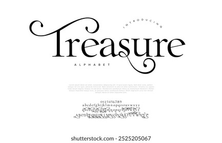 Treasure Swash Luxus elegante Buchstaben und Zahlen. Vintage Hochzeit Typografie klassischen Serif Schriftart dekorative Vintage Retro. kreative Vektorgrafik