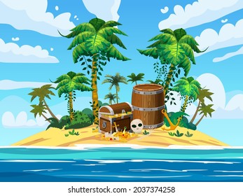Treasure tropical Island, ancient pirate treasure chest, barrel, scull, exotic plants, palms, sea, ocean, clouds. Sea landscape coast, beach, sand, adventure, game. Vector illustration