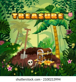 Treasure tropical Island, forest, drug treasure pit from the ground, ancient pirate treasure chest, shovel, scull, exotic plants, palms, sea, ocean, clouds. Sea landscape coast, beach, sand adventure