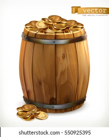 Treasure, wooden barrel with gold coins. 3d vector icon