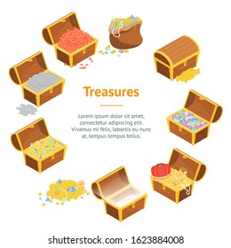 Treasure with Wooden Chest Banner Card Circle 3d Isometric View Include of Golden Coin and Gem. Vector illustration