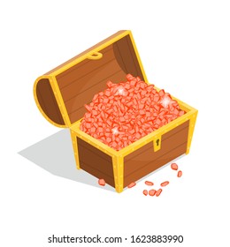 Treasure with Wooden Chest Sign 3d Isometric View Include of Red Gem. Vector illustration