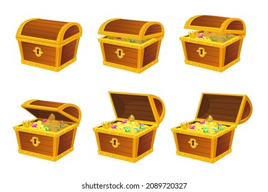 Treasures chest animation. Chain animations of pirate treasure chests, set vector illustration. Animation treasure element, chest isolated