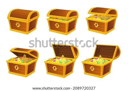 Treasures chest animation. Chain animations of pirate treasure chests, set vector illustration. Animation treasure element, chest isolated