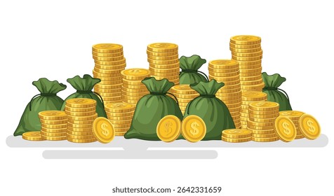 Treasures Gold Coins Stacks of Money and Green Bags in Cartoon Style Image