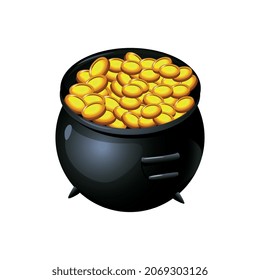 Treasures isometric cartoon game composition with isolated image of cooking pot filled with golden coins vector illustration