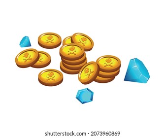 Treasures isometric cartoon game composition with isolated image of coin piles and gems vector illustration