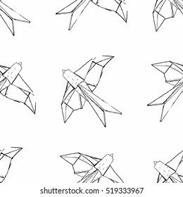 Treasures from Japan. Hand drawn seamless vector pattern with origami bird.
