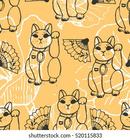 Treasures from Japan. Hand drawn seamless vector pattern with cute traditional objects.