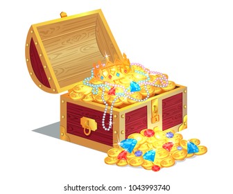 Treasures in wooden box, poster with chest and coins, necklace and crown, gemstones and treasures, vector illustration isolated on white background