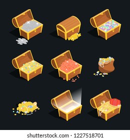 Treasures with Wooden Chest Signs 3d Icon Set Isometric View Include of Golden Coin and Gem. Vector illustration of Icons