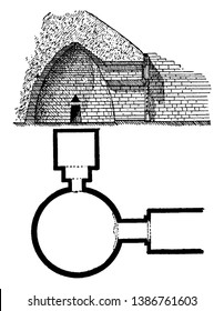 Tesoro de Atreus, Tumba de Agamemnon, un impresionante, La piedra lintel, un período de tiempo desconocido, dibujo de línea vintage o ilustración de grabado. 