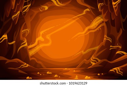Treasury cave. Goldmine. Cave with gold. Cartoon mountain scene background. Vector illustration