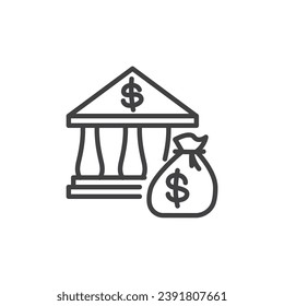 Icono de línea de departamento de tesorería. signo de estilo lineal para concepto móvil y diseño web. Icono del vector de la construcción bancaria y la bolsa de dinero. Símbolo, ilustración del logotipo. Gráficos vectoriales