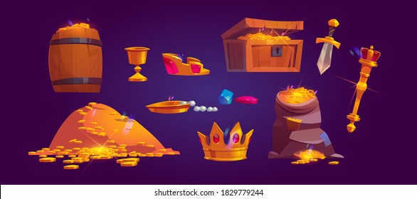 Treasury icons of pile of golden coins, jewelry and gem. Vector cartoon set of treasure chest, bag and wooden barrel full of gold, goblet, crown, scepter and dagger